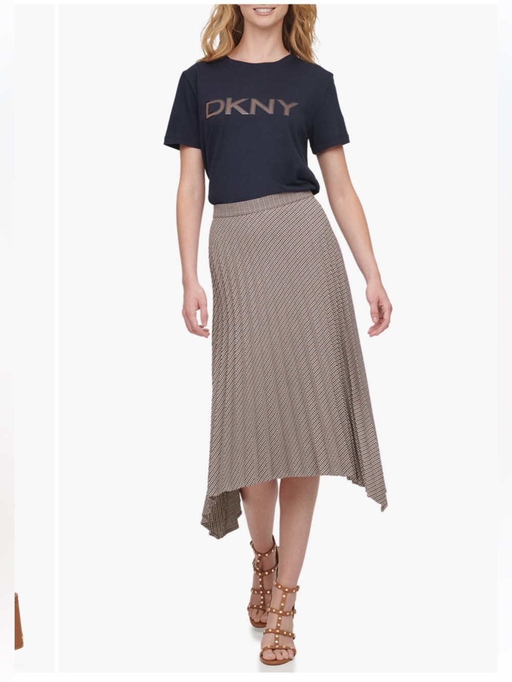 DKNY Size 10 Pleated Skirt Midi Navy Cream Tan Asymmetrical Neutral Career